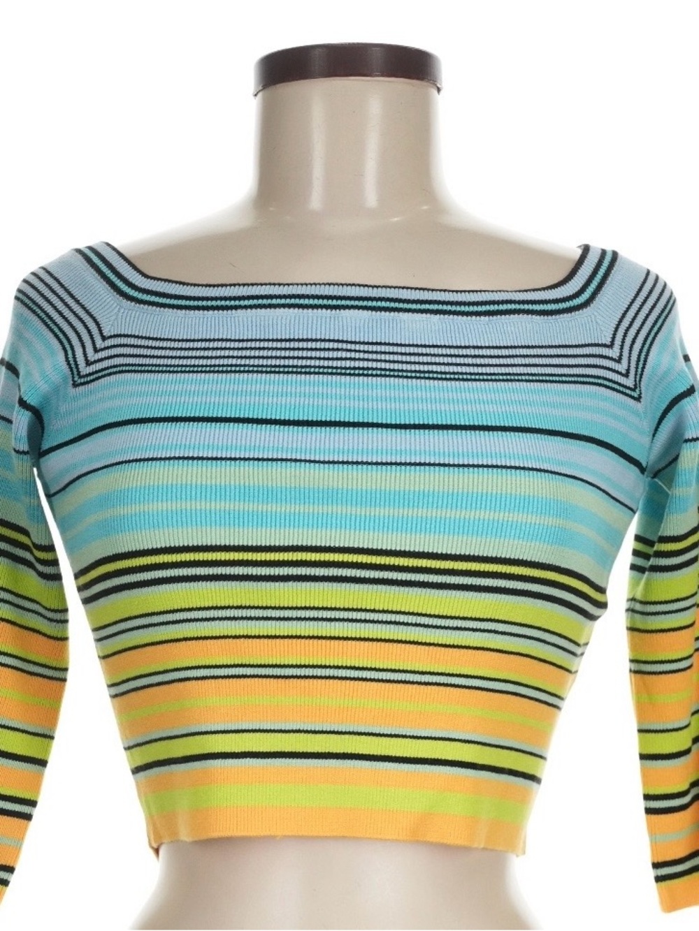 Le superbe Striped Boatneck Cropped Sweater in Aqua & Yellow